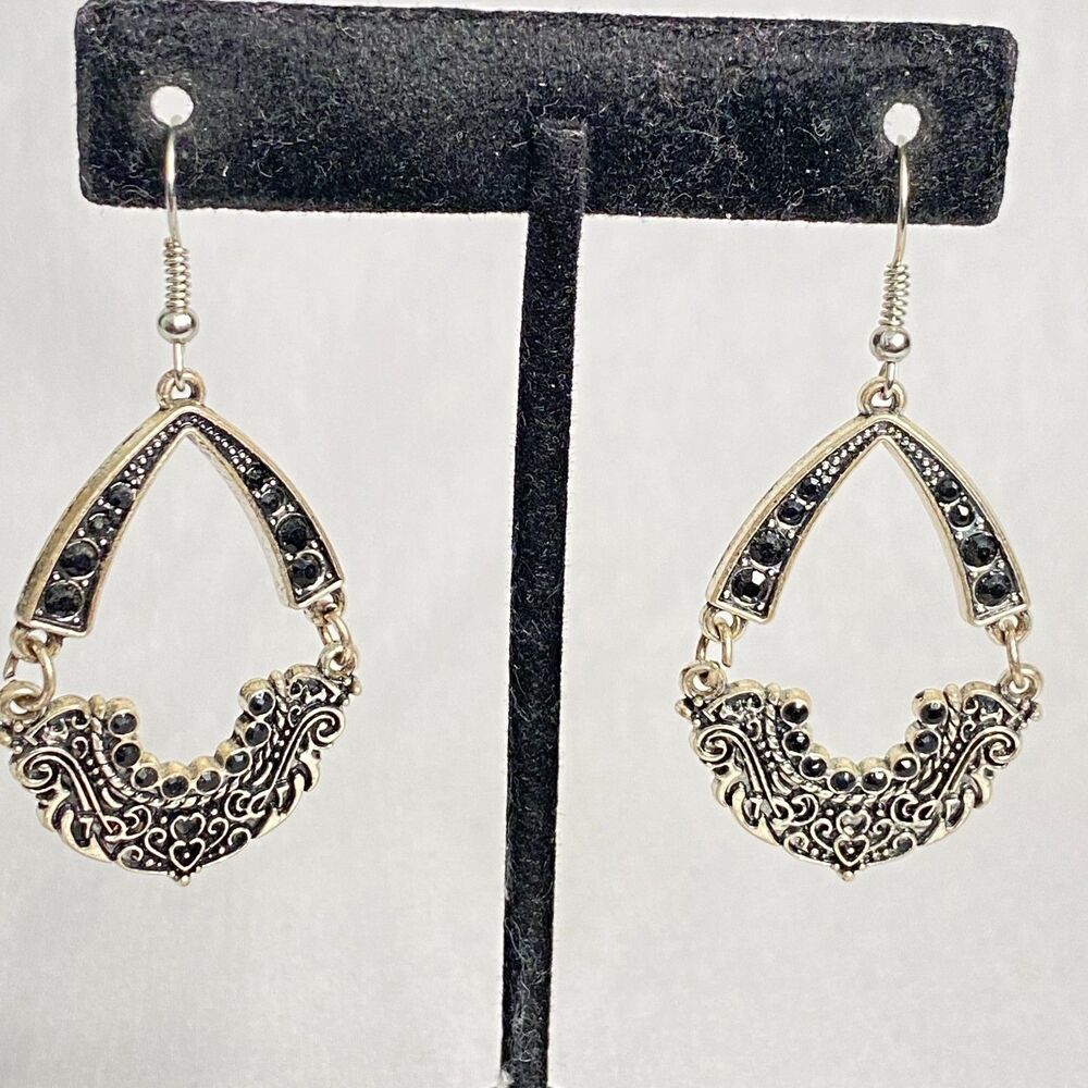 💎Silver Tone Articulated Earrings Ornate Pattern Black Rhinestones Pierced Ears